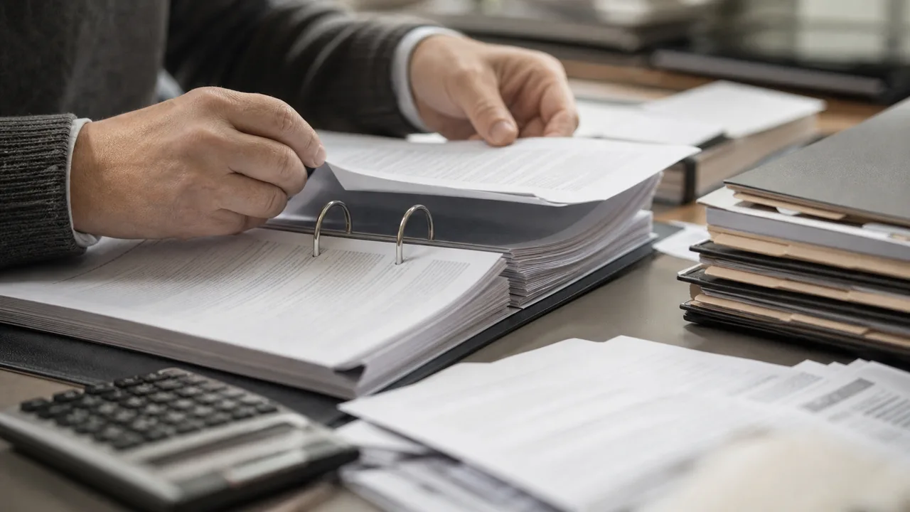 Mani che consultano un raccoglitore di documenti e CCNL su una scrivania