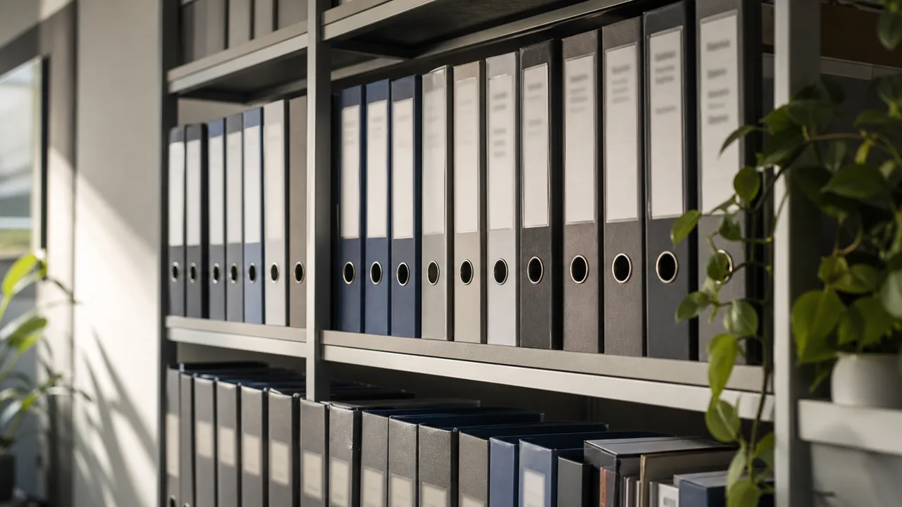 Scaffale di uno studio di consulenza del lavoro con raccoglitori e pratiche archiviate