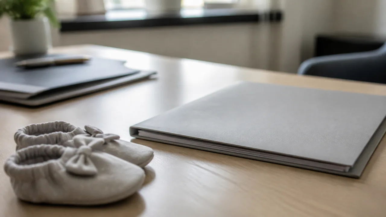 Dettaglio ravvicinato di una scrivania ordinata in uno studio di consulenza del lavoro con un