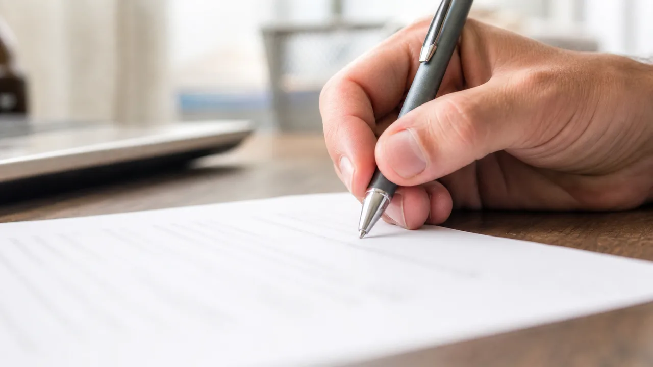 Primo piano di una mano che firma un contratto con una penna, testo sfocato sullo