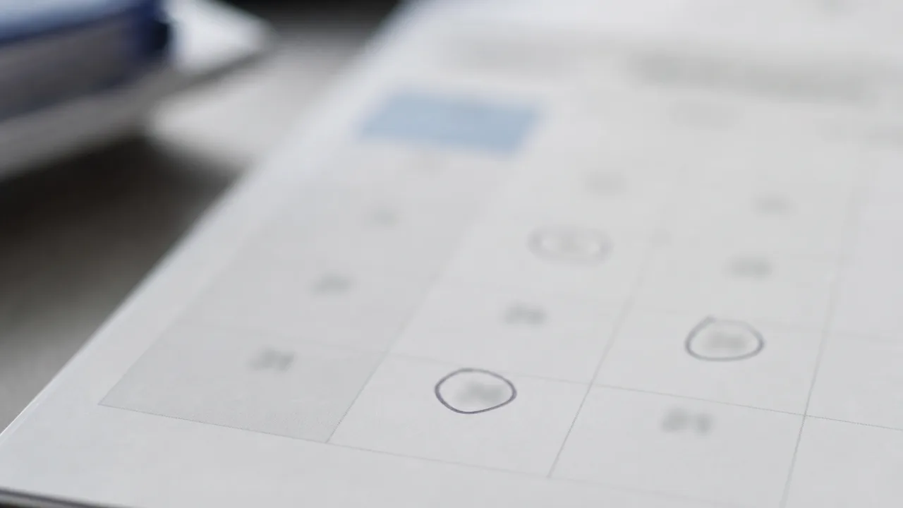 Primo piano di una pagina di calendario con alcune date cerchiate a penna, che indicano