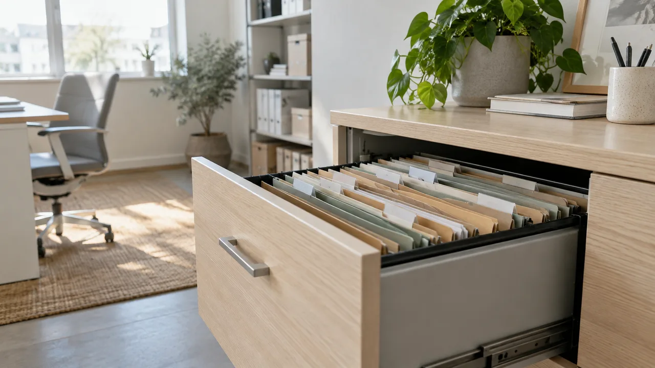 Cassetto di un archivio da ufficio con cartelline sospese ordinate — ispezione del lavoro