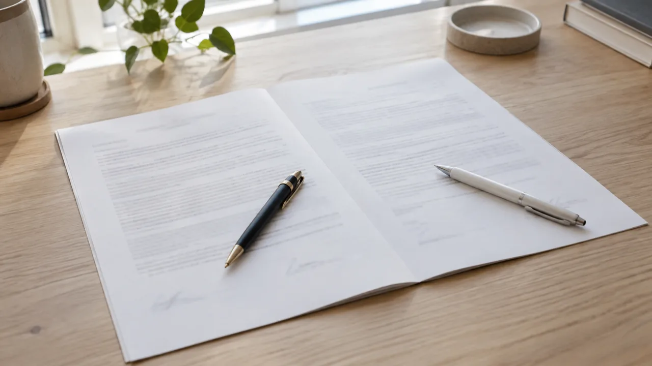 Due penne di colore diverso appoggiate su un unico documento, scrivania minimal con — contratto collettivo aziendale