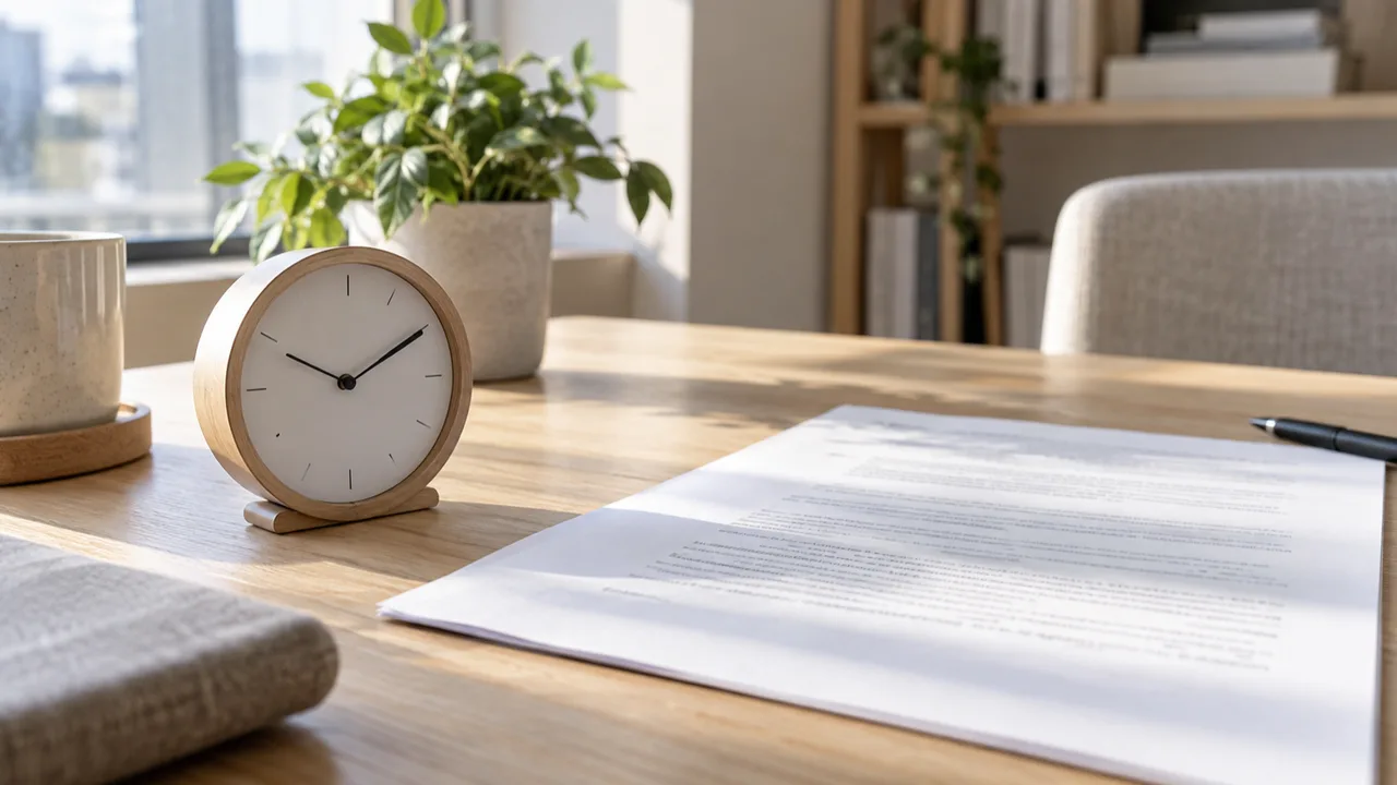 Orologio da tavolo minimale accanto a un documento aperto su una scrivania, nessuna persona — diffida accertativa