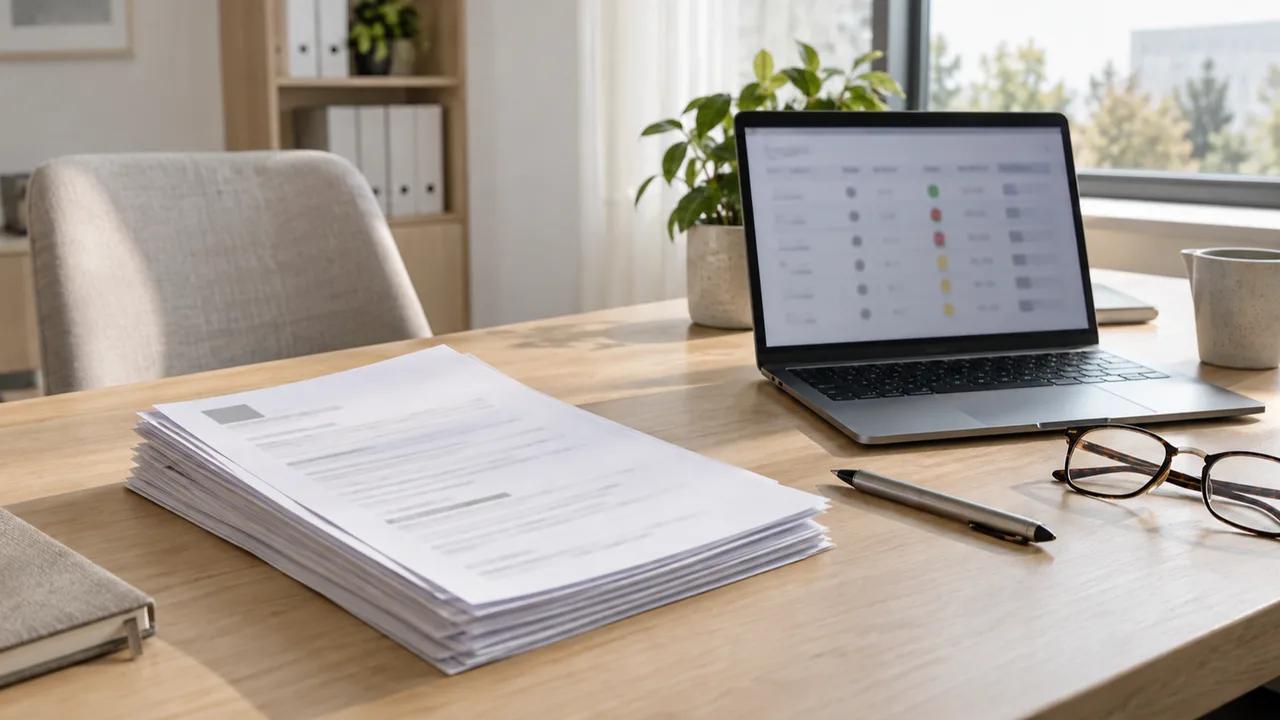 Scrivania con laptop aperto, pila ordinata di curriculum cartacei e foglio di valutazione candidati, nessuna