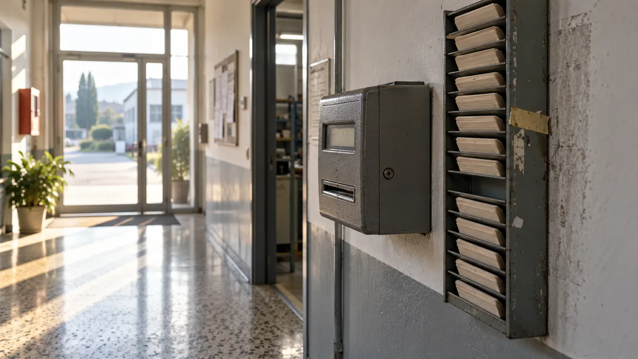 Lettore di timbratura a parete con rastrelliera di cartellini, in un ingresso di officina