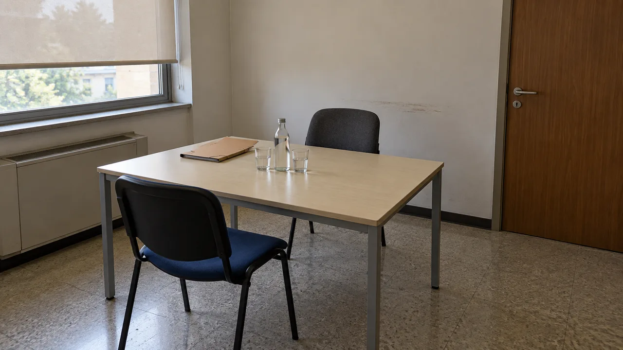 Saletta con tavolo, due sedie e una cartellina chiusa, pronta per un colloquio di selezione
