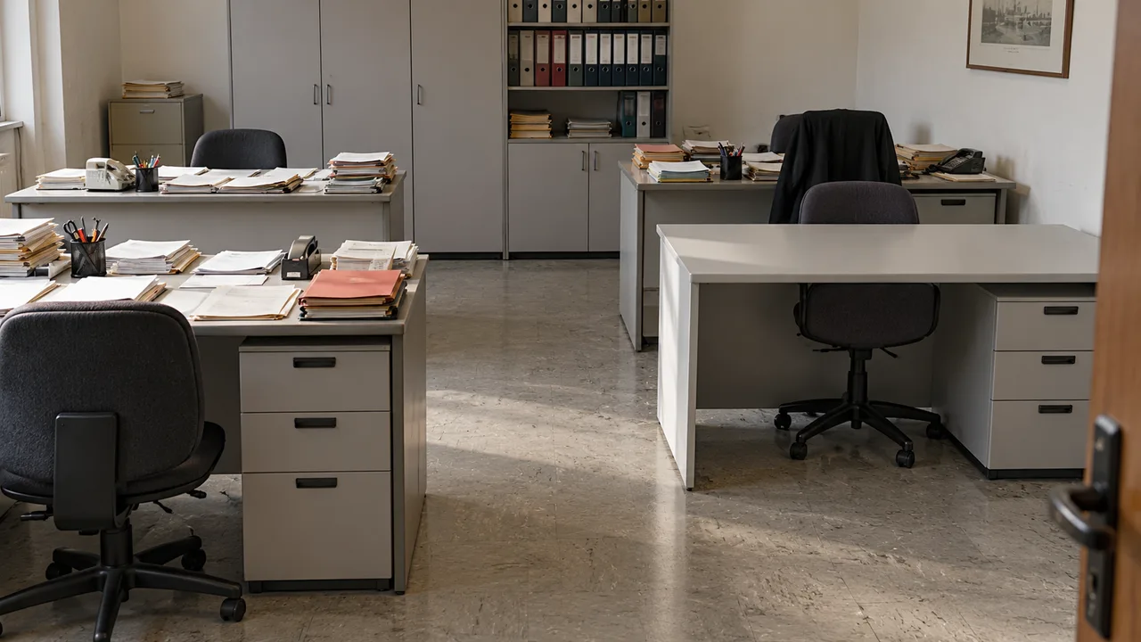Ufficio di una piccola azienda con tre scrivanie cariche di pratiche e una libera